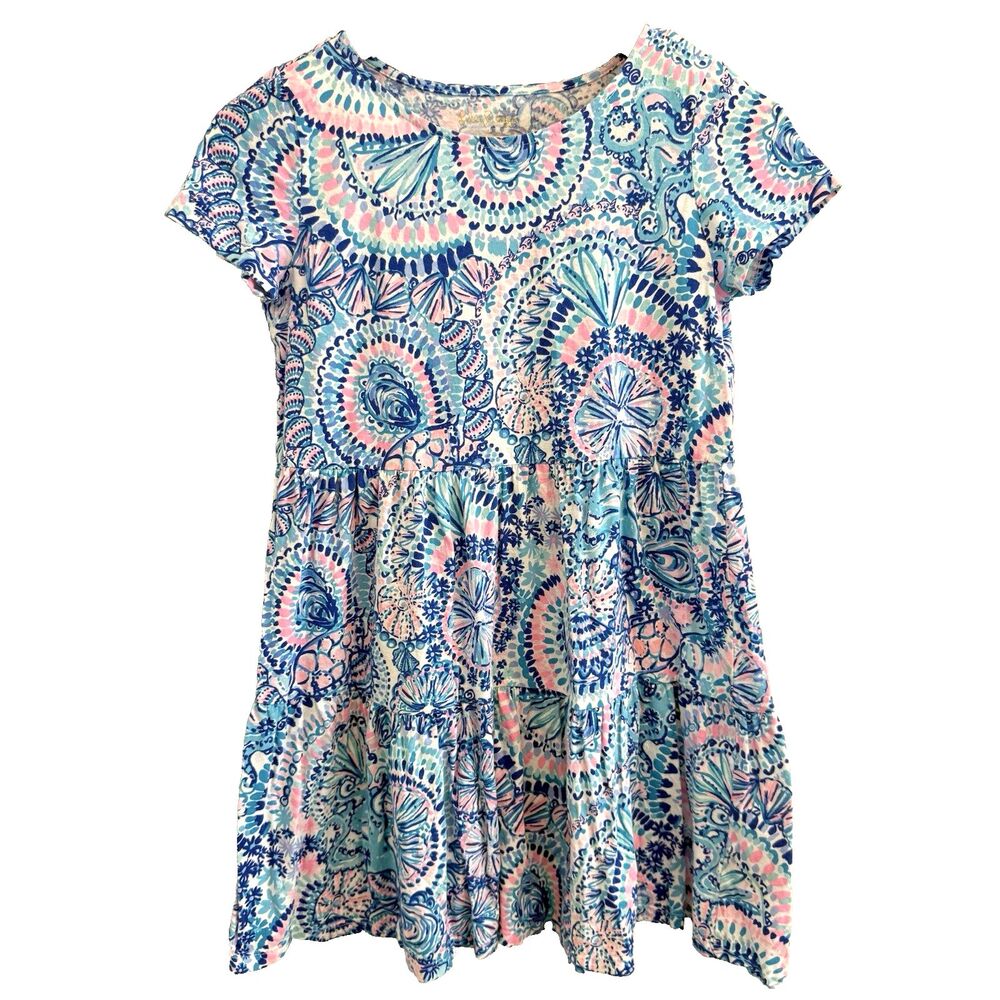 Lilly Pulitzer Girls Large 8 10 Geanna Swing Dress Blue Pink S/S Tropical Ocean
